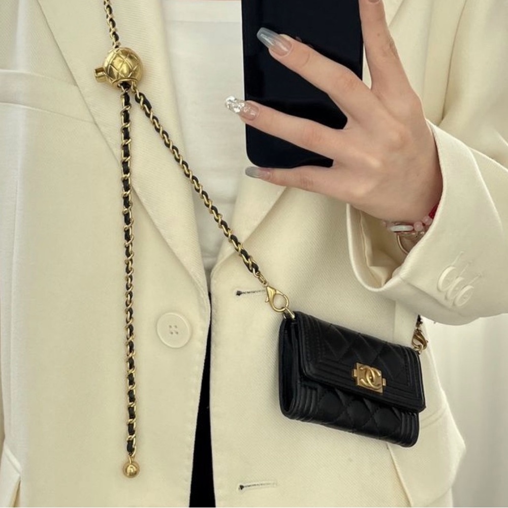 Authentic CHANEL Tri-fold Wallet Black Boy CHANEL Coco Mark leather mini WOC